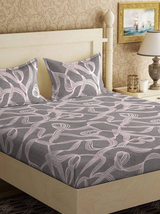 Klotthe Grey Abstract 300 TC Cotton Blend Double Bedsheet with 2 Pillow Covers