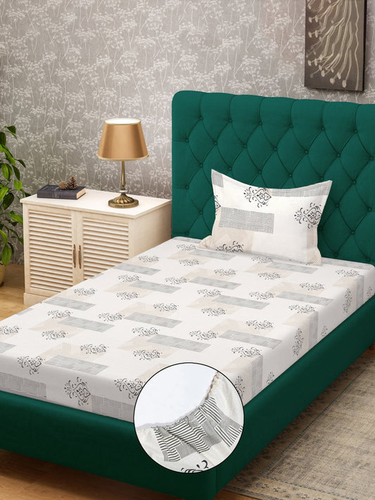 Cream Ethnic Motifs 300 TC Cotton Blend Fitted Single Bedsheet with Pillow Cover