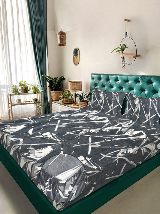 Grey Geometric Fitted Woolen Fitted Double Bedsheet with 2 Pillow Covers