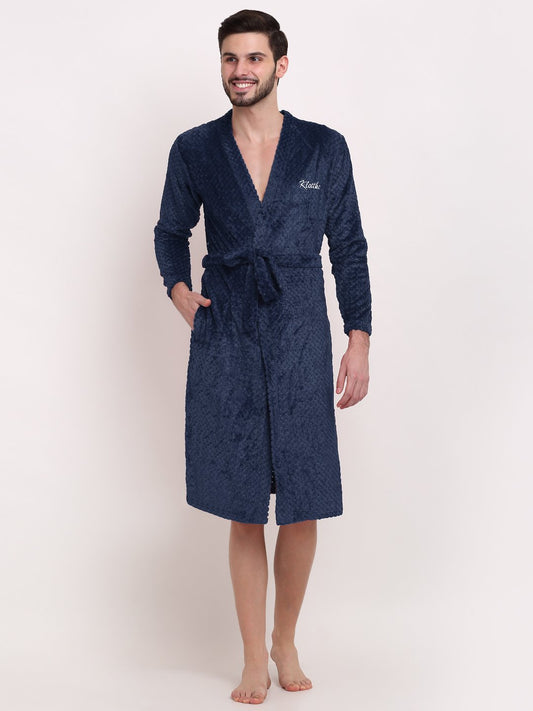 Men NavyBlue Self Design Wool Bath Robe With Belt