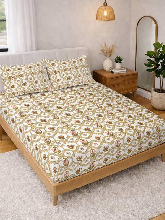 Yellow Floral Cotton Blend Double Bedsheet with 2 Pillow Covers
