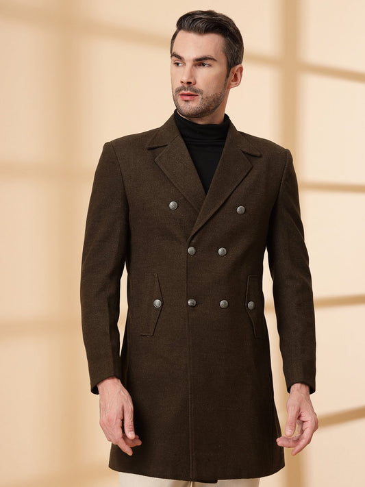 Dark Brown Long Sleeve Double-Breasted Woolen Coat