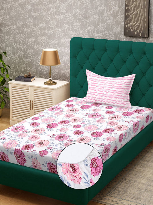 Pink Floral 300 TC Cotton Blend Fitted Single Bedsheet with Pillow Cover