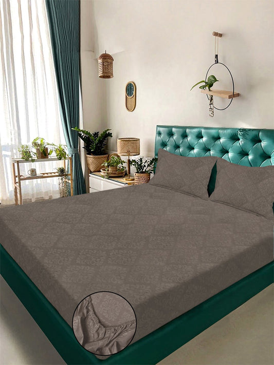 Brown Floral Embossed Cotton Blend Fitted Double Bedsheet with 2 Pillow Covers