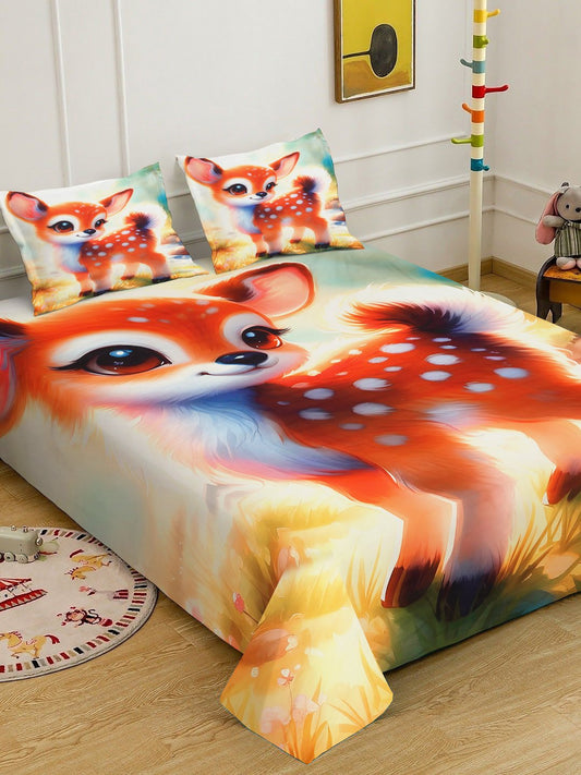 Orange 7D Animal Printed Cotton Blend Double Bedsheet with 2 Pillow Covers