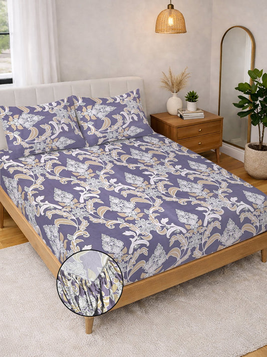 Purple Floral Cotton Blend Fitted Double Bedsheet with 2 Pillow Covers