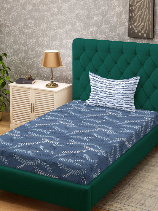 Blue Floral 300 TC Cotton Blend Fitted Single Bedsheet with Pillow Cover
