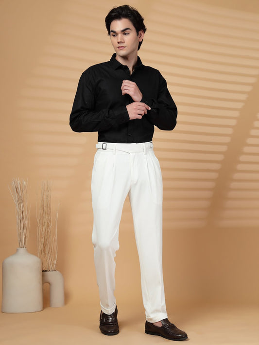 White Lycra Cotton Comfort-Fit Solid Regular Formal Trouser