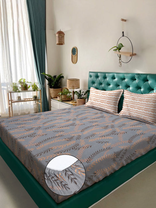 Grey Floral 300 TC Cotton Blend Fitted Double Bedsheet in Book Fold Packing