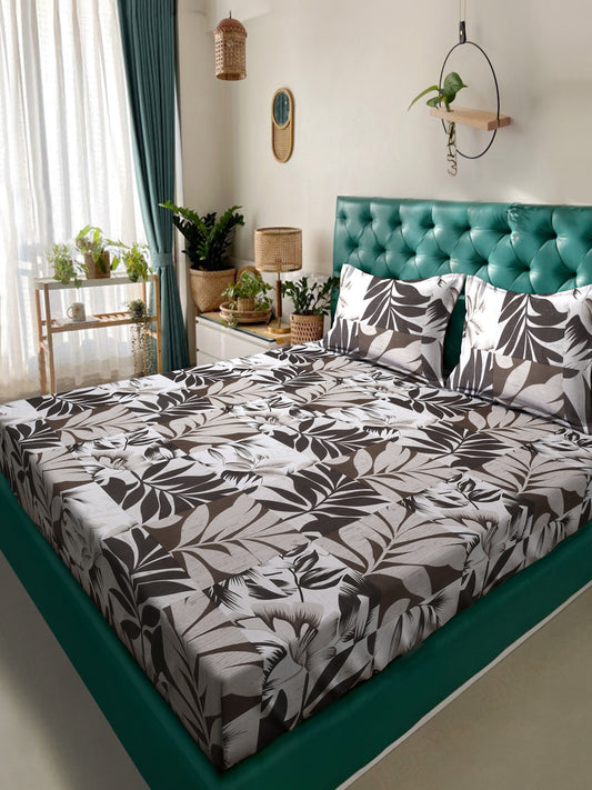 Klotthe Brown Floral 300 TC Cotton Blend Double Bedsheet with 2 Pillow Covers