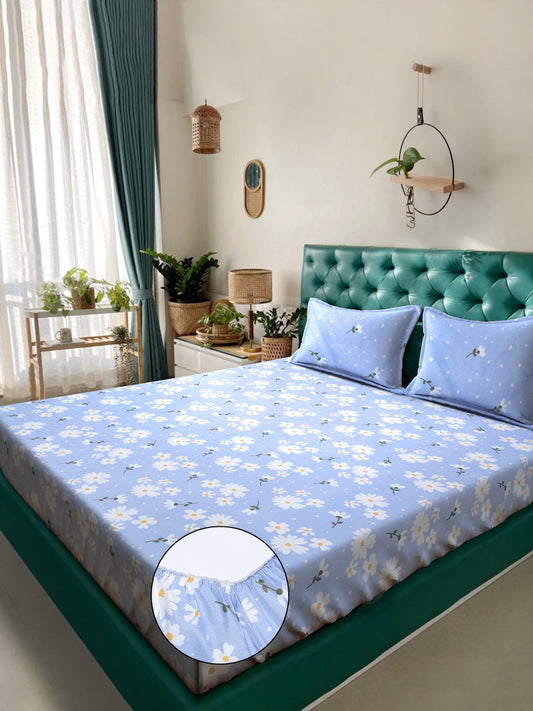 Blue Floral 300 TC Cotton Blend Fitted Double Bedsheet in Book Fold Packing