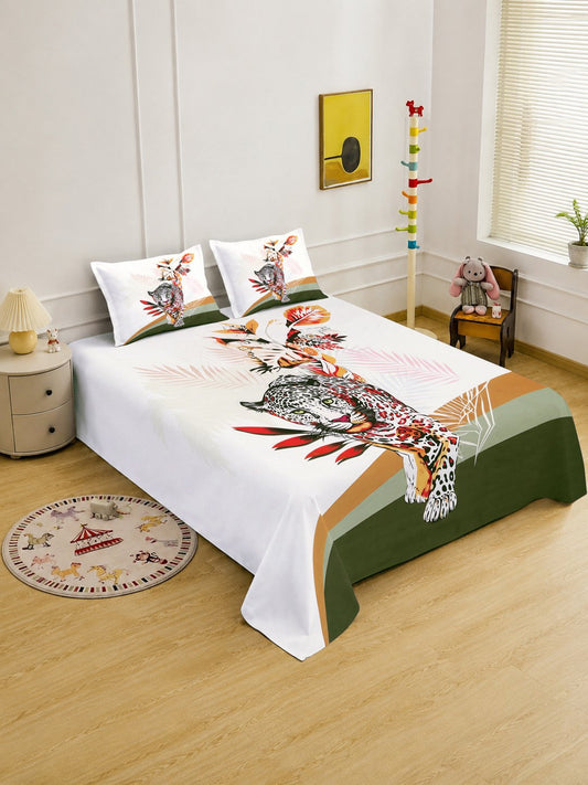 Digital White Animal Cotton Blend Double Bedsheet with 2 Pillow Covers