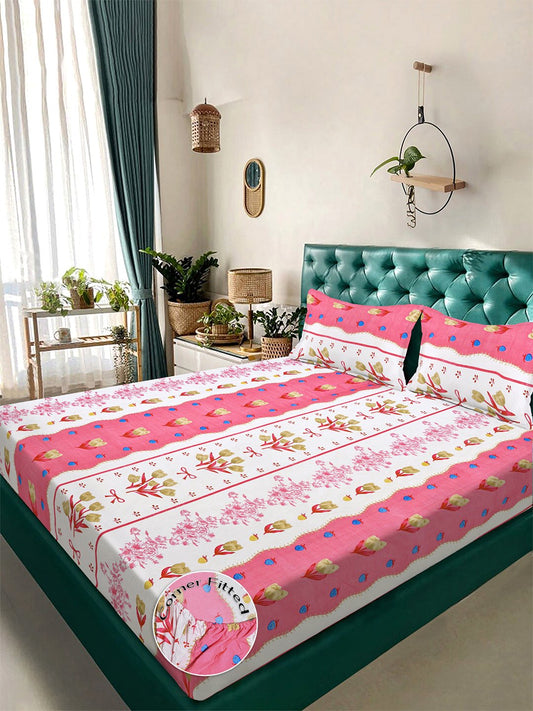 Pink Floral 300 TC Cotton Blend Fitted Double Bedsheet with 2 Pillow Covers