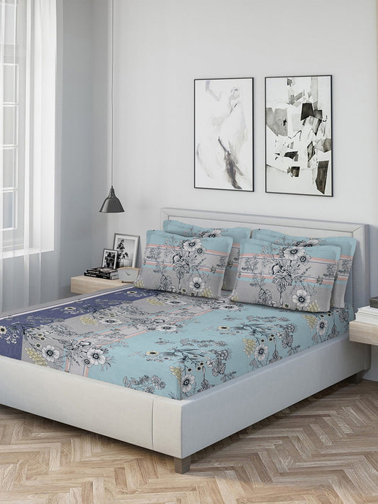 Multi Floral 300 TC Cotton Blend Fitted Double Bedsheet with 4 Pillow Covers