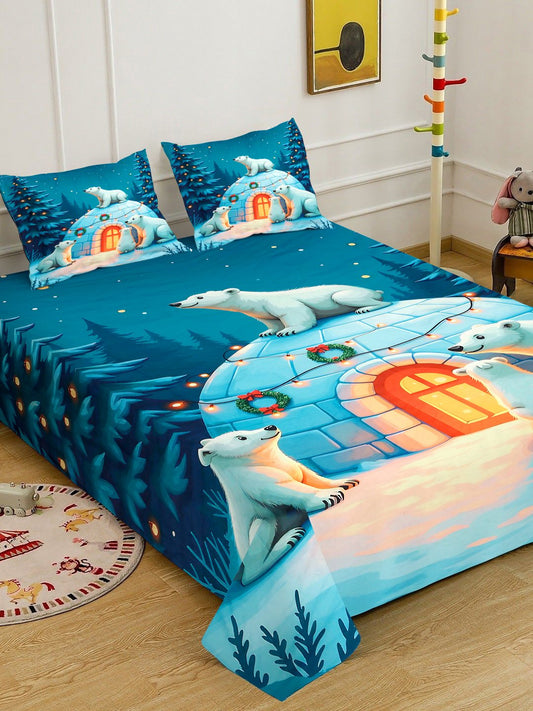 Blue Cartoon Characters 7D King Size Cotton Blend Double Bedsheet with 2 Pillow Covers