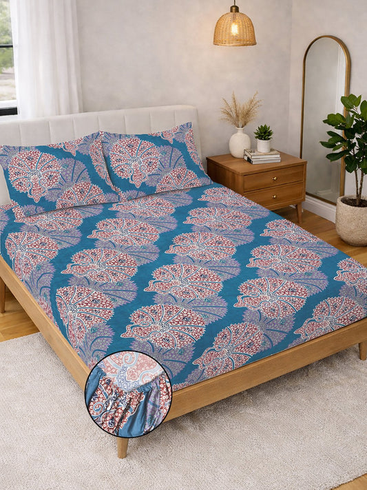 Blue Ethnic Motifs Fitted Fitted Cotton Blend Double Bedsheet with 2 Pillow Covers