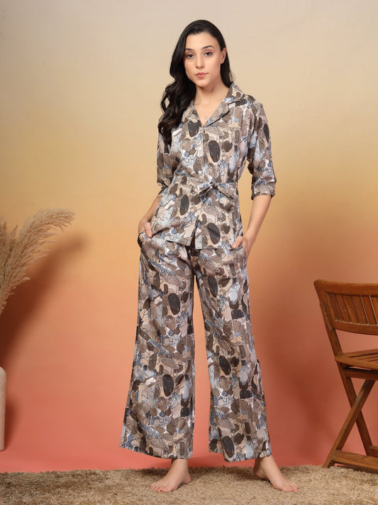 Women Brown Floral Cotton Blend Night Suit with Robe