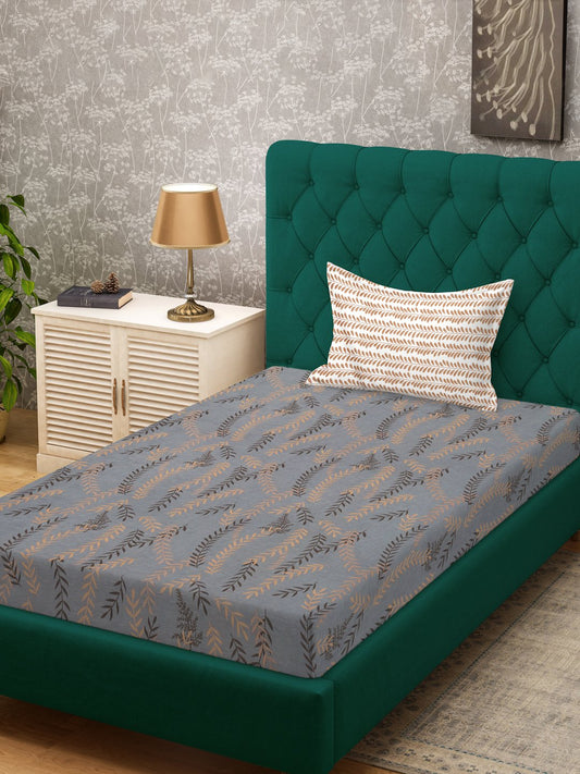 Grey Floral 300 TC Cotton Blend Single Bedsheet with Pillow Cover