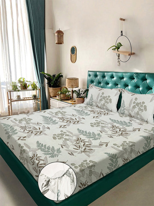 Cream Floral 300 TC Cotton Blend Fitted Double Bedsheet with 2 Pillow Covers