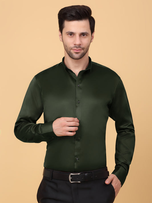 Klotthe Men Olive Solid Spread Collar Satin Formal Shirt