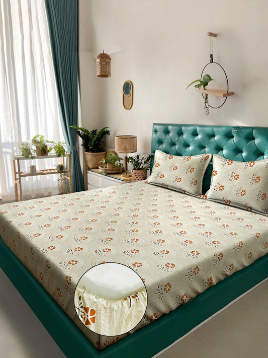 Yellow Floral 400 TC Pure Cotton Fitted Double Bedsheet with 2 Pillow Covers