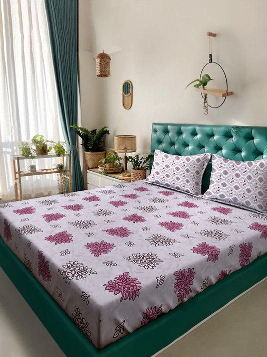 Purple Floral 400 TC Pure Cotton Double Bedsheet with 2 Pillow Covers