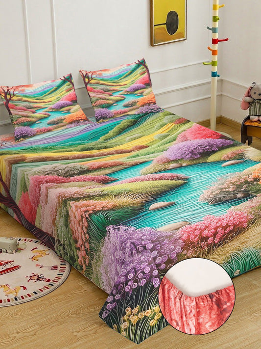 Multi 7D Floral Printed Fitted Cotton Blend Double Bedsheet with 2 Pillow Covers