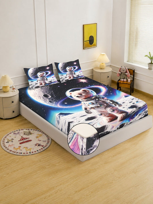 Digital Printed Multi Cartoon Characters Cotton Blend Fitted Double Bedsheet with 2 Pillow Covers