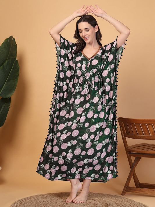 Green Floral Cotton Blend Kaftan Maxi Nightdress