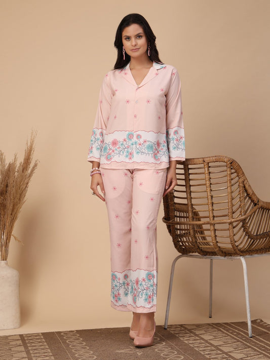 Pink Cotton Printed Shirt With Trousers Co-Ords Set