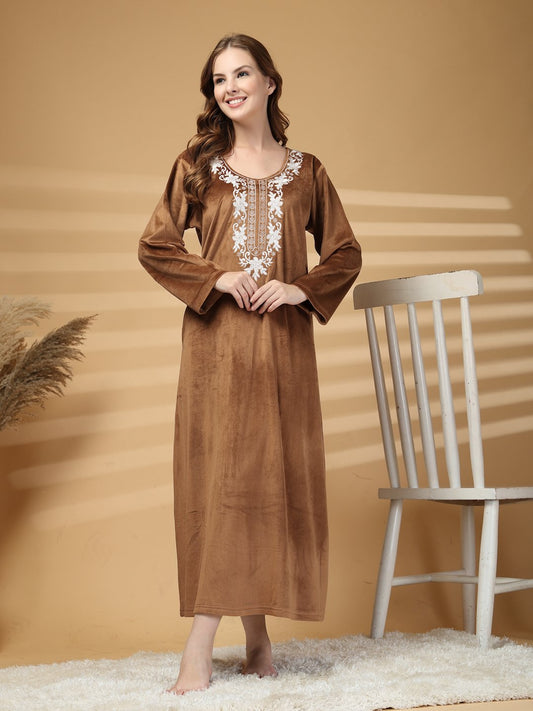 Klotthe Brown Solid Soft touch Velvet Maxi Nightdress