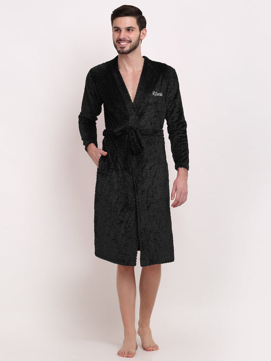 Men Black Self Design Wool Bath Robe With Belt