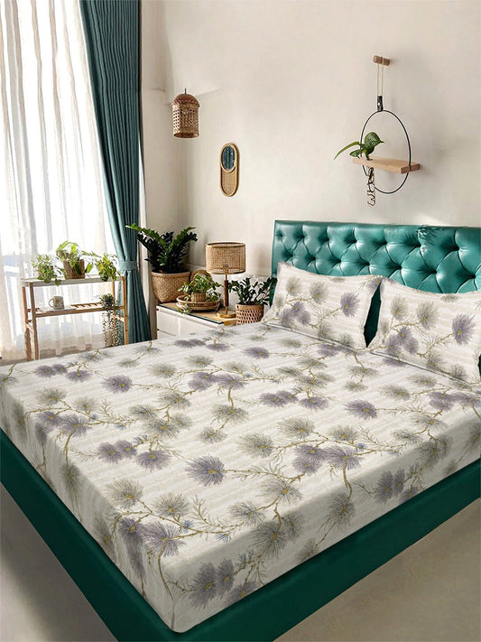 Beige Floral 300 TC Cotton Blend Double Bedsheet with 2 Pillow Covers