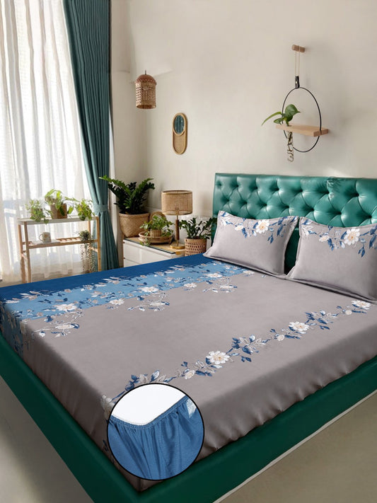 Grey Floral 300 TC Cotton Blend Fitted Double Bedsheet with 2 Pillow Covers