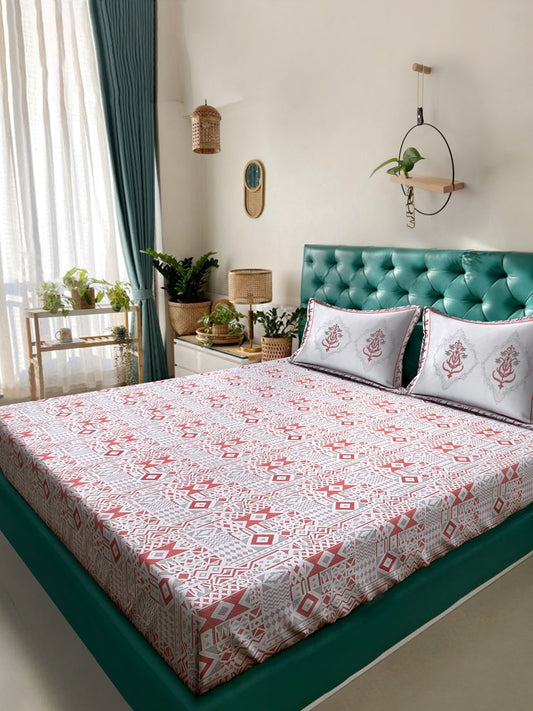 Red Geometric 400 TC Pure Cotton Super King Double Bedsheet with 2 Pillow Covers