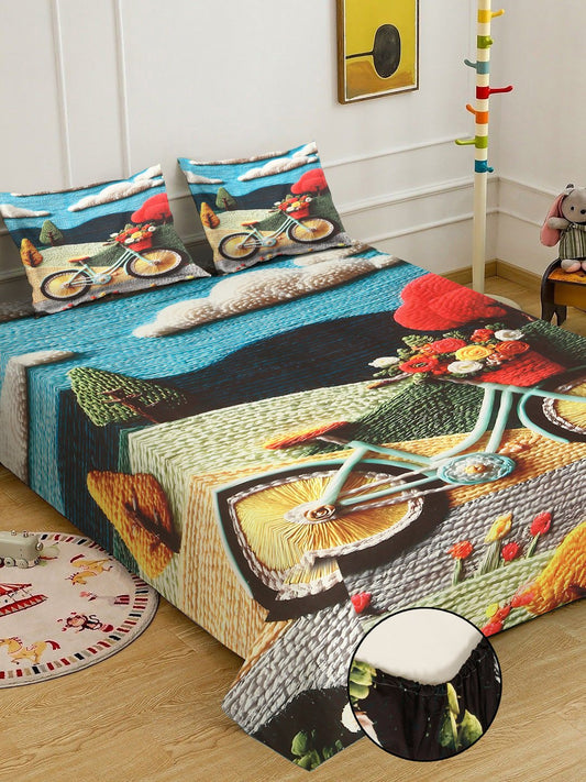 Multi Digital Abstract Printed Cotton Blend Fitted Double Bedsheet with 2 Pillow Covers