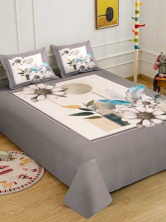 Grey Digital Floral Printed Cotton Blend Double Bedsheet with 2 Pillow Covers