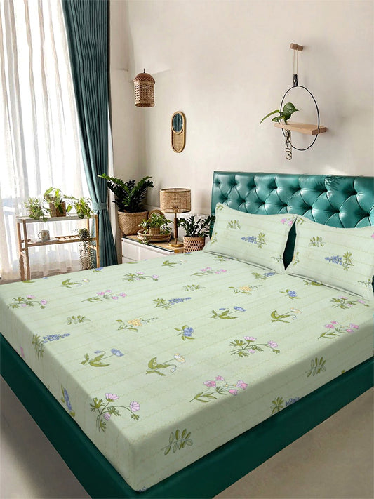 Green Floral 300 TC Cotton Blend Double Bedsheet with 2 Pillow Covers