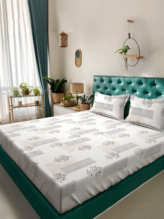 Cream Ethnic Motifs 300 TC Cotton Blend Fitted Double Bedsheet with 2 Pillow Covers