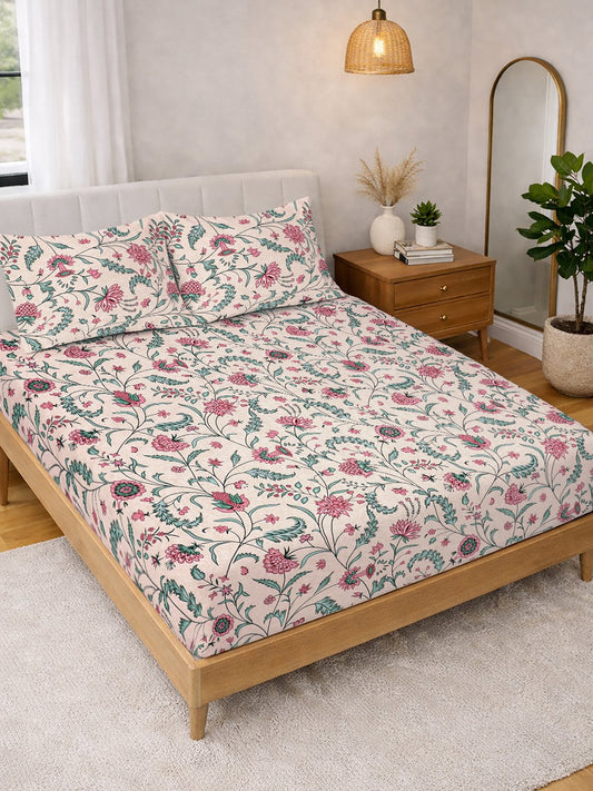 Beige Floral Cotton Blend Double Bedsheet with 2 Pillow Covers
