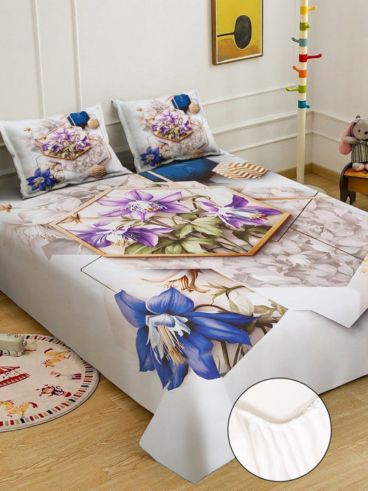 Multi Digital Floral Printed Cotton Blend Fitted Double Bedsheet with 2 Pillow Covers