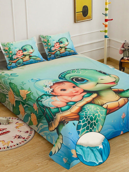 Multi Digital Cartoon Characters Printed Cotton Blend Fitted Double Bedsheet with 2 Pillow Covers