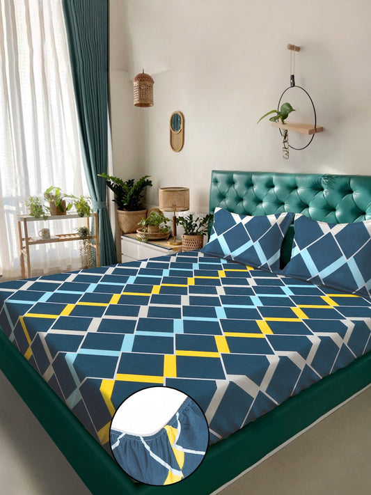 Blue Geometric 300 TC Cotton Blend Fitted Double Bedsheet with 2 Pillow Covers