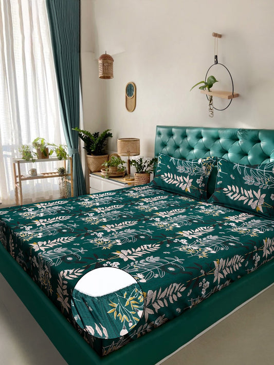 Green Floral 300 TC Cotton Blend Fitted Double Bedsheet with 2 Pillow Covers