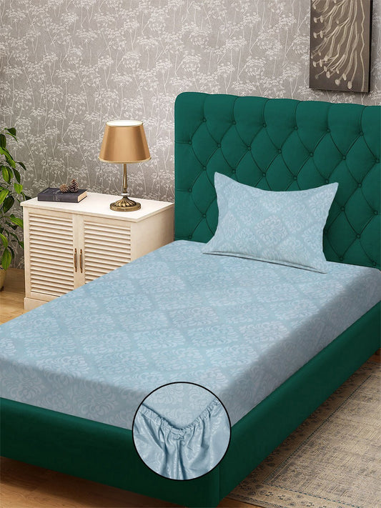 SkyBlue Floral Embossed Cotton Blend Fitted Fitted Single Bedsheet with Pillow Cover