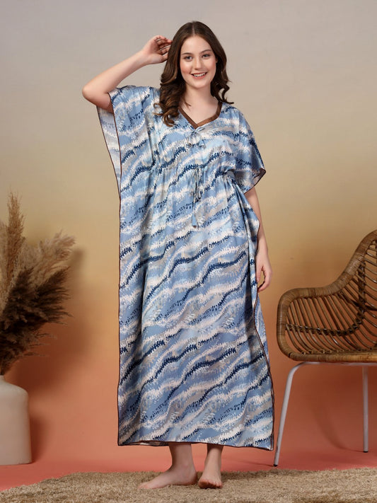 Blue Abstract Cotton Blend Kaftan Maxi Nightdress