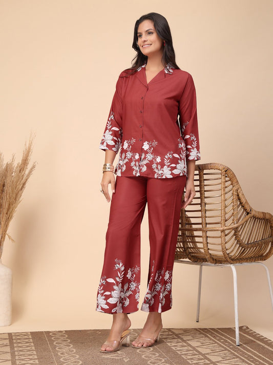 Red Cotton Printed Shirt With Trousers Co-Ords Set