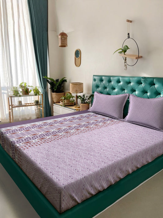 Purple Geometric 400 TC Pure Cotton Super King Double Bedsheet with 2 Pillow Covers