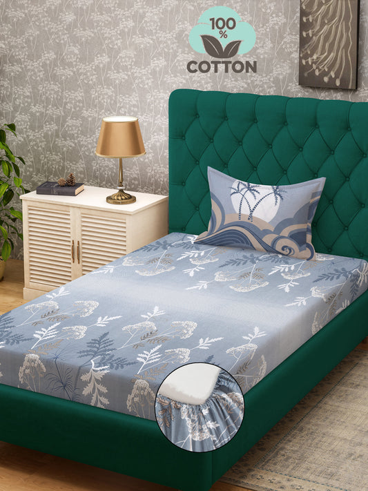 Klotthe Grey Floral 400 TC Pure Cotton Fitted Single Bedsheet with Pillow Cover