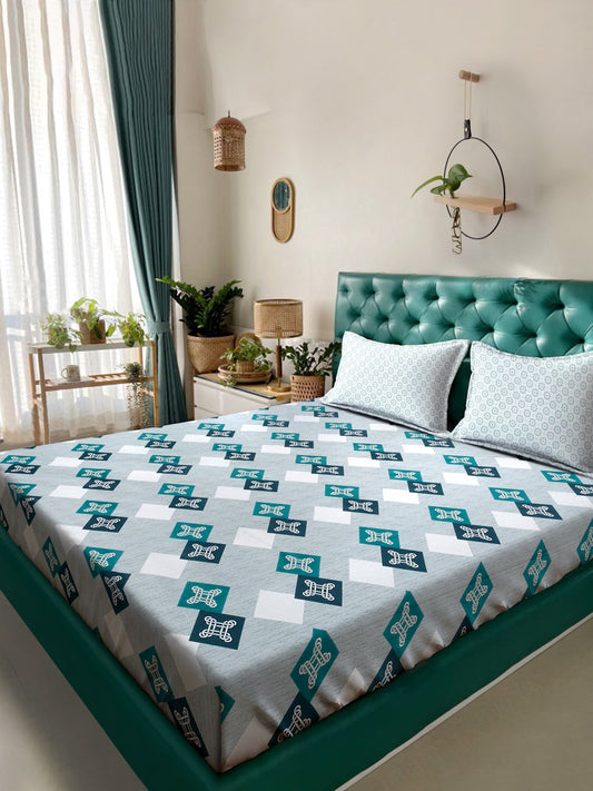 Turquoise Geometric 400 TC Pure Cotton Double Bedsheet with 2 Pillow Covers